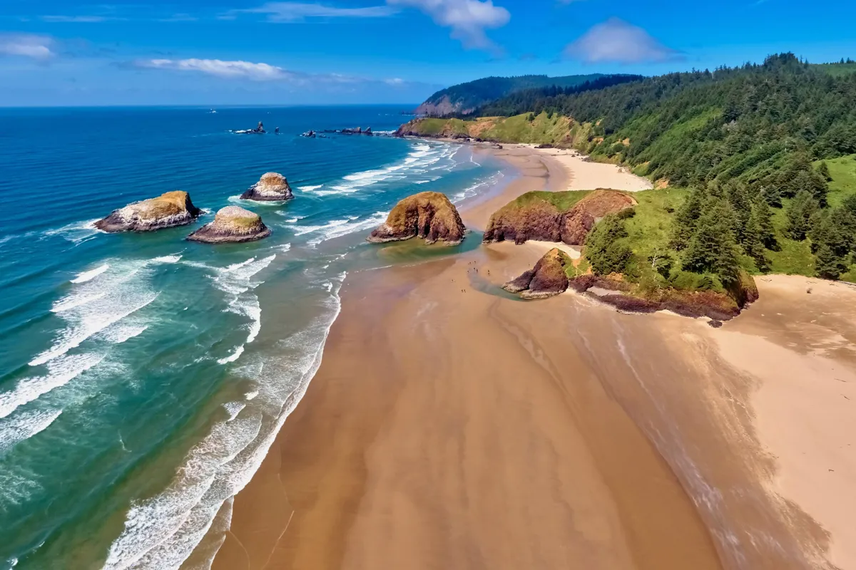 A stunning view of the Pacific coastline, featuring dramatic rock formations, gentle waves, a sandy beach, and lush greenery bordering the shore. The tranquil setting invites relaxation and recreation, echoing resort-living by the water.
